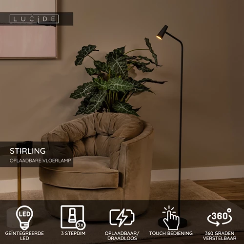 Lucide STIRLING - Oplaadbare Vloerlamp - Accu/Batterij - LED 3 StepDim - 1x3W 2700K - Zwart - USP